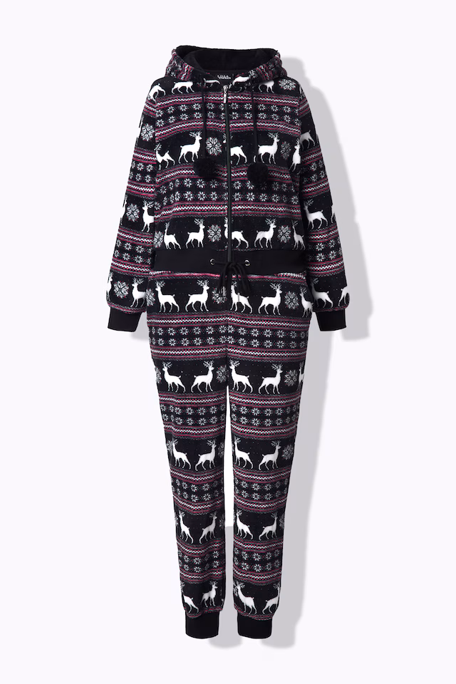Nordic Print Zip Front Stretch Plush Lounge Jumpsuit