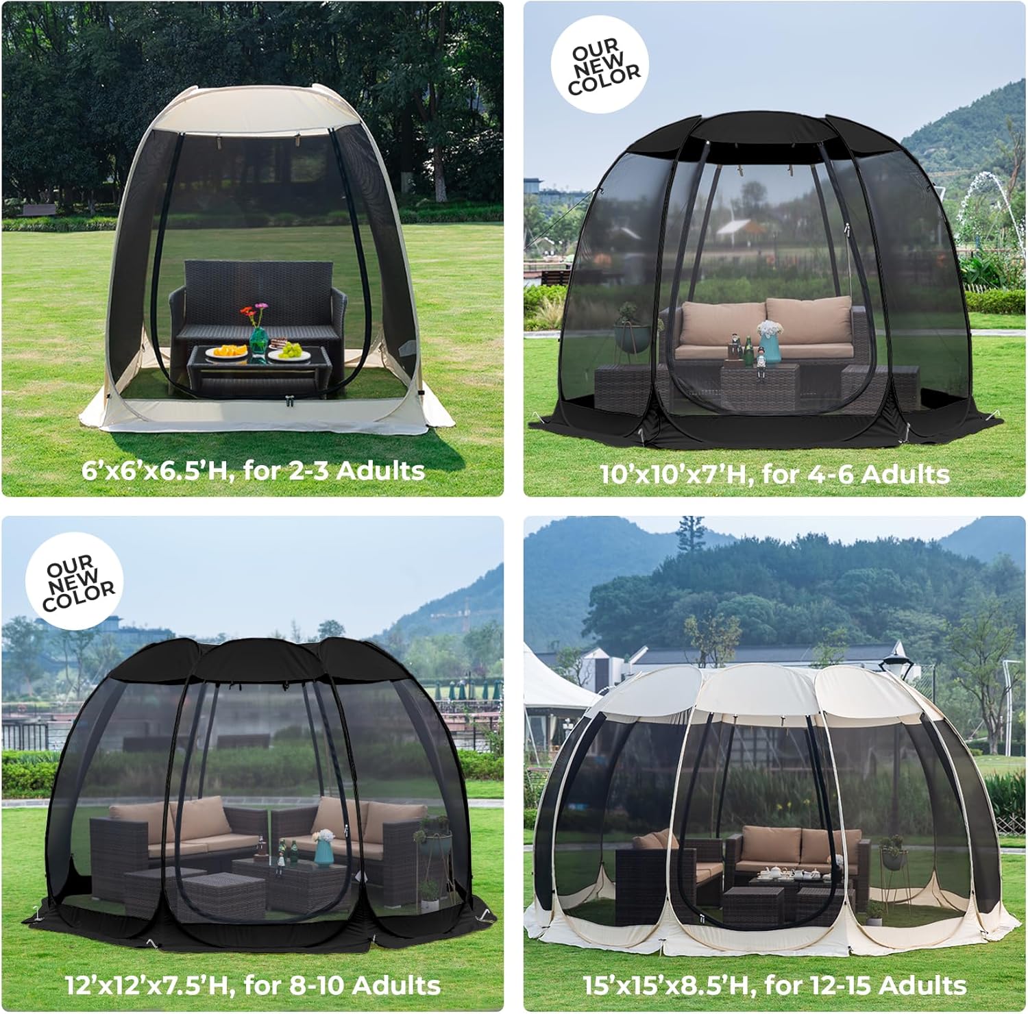 Gazebo moustiquaire pouvant accueillir 6, 10 ou 15 personnes. Tente de style igloo avec moustiquaire latérale. Idéal