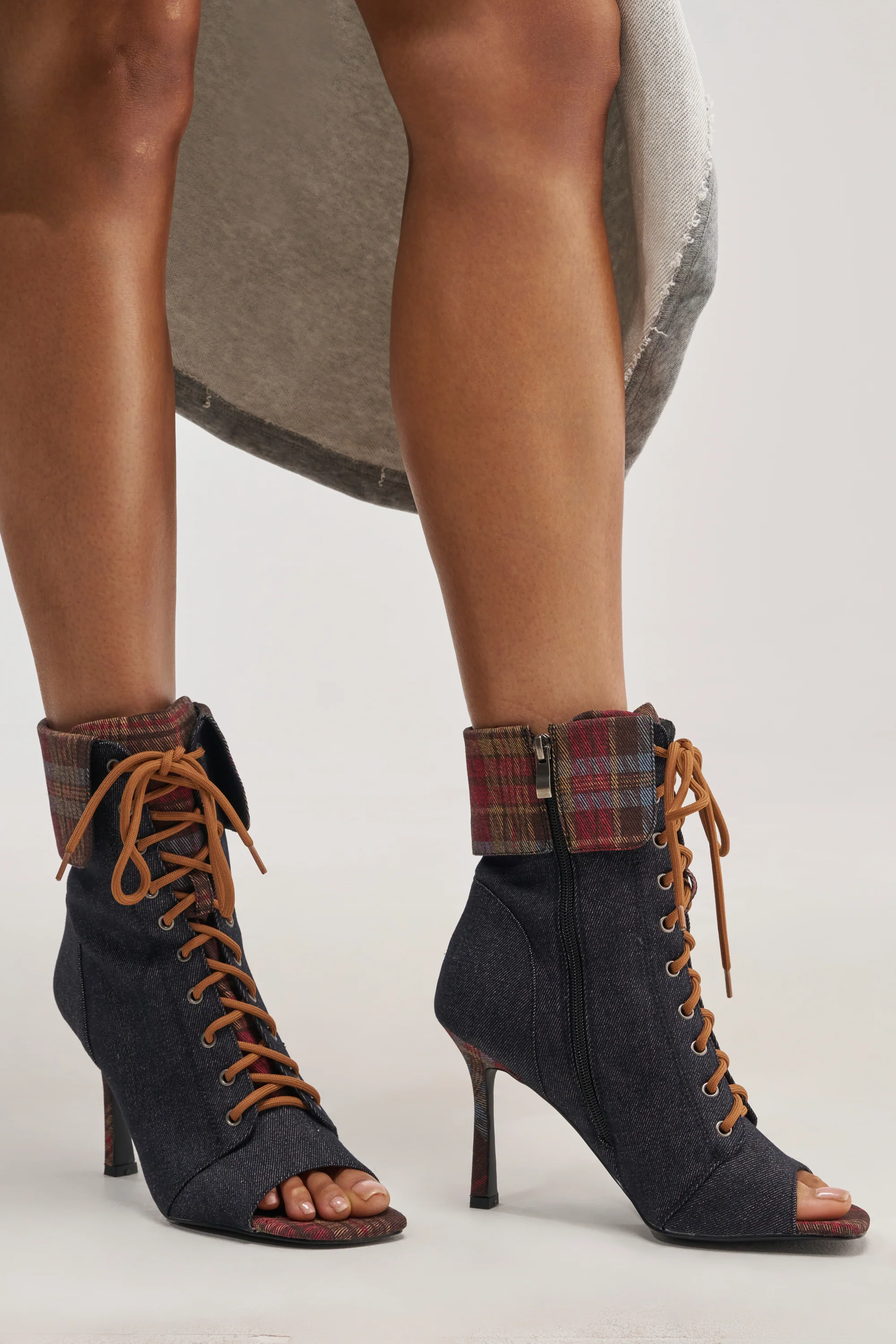 AZALEA WANG KYLAN DENIM PATCHWORK OPEN TOE BOOTIE - Akira Store