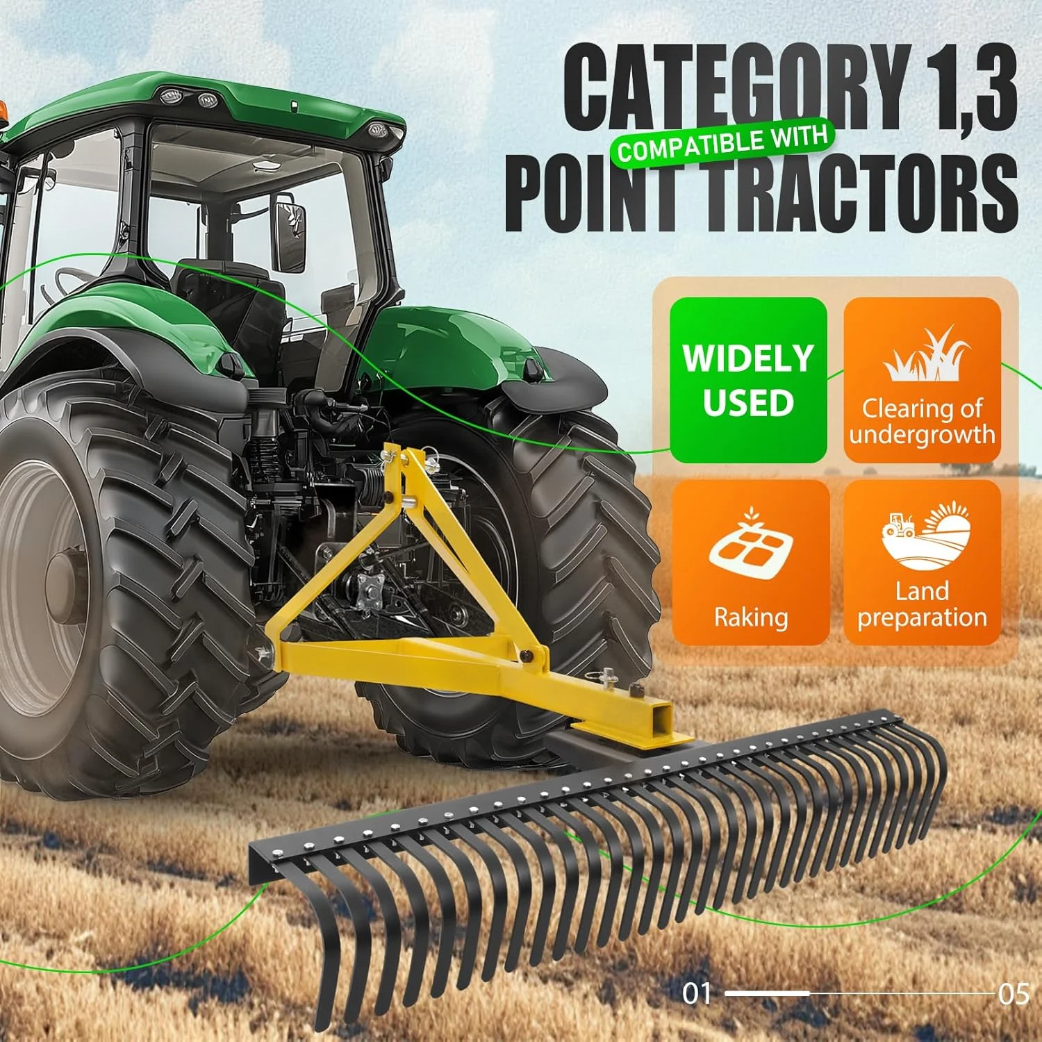 KOJEM 60in Landscape Rake 3 Point Rake 360 Degree Rotation Compatible with Category 1 Cat1 Compact Tractors Tow - Behind Garden Tool for Garden Farm Clearing Brush Raking Arenas 2 Package Yellow