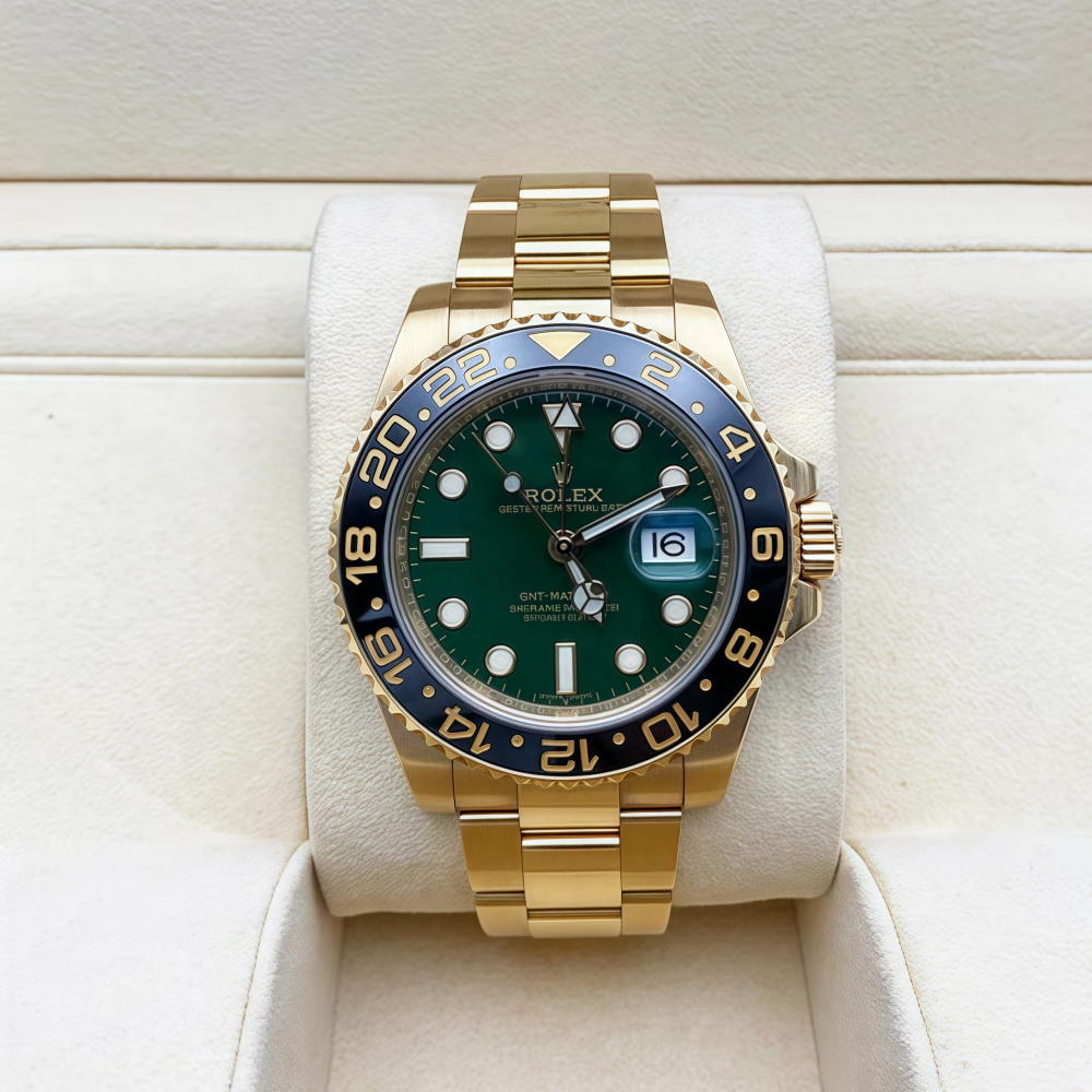 [Super Clone]Rolex 40mm GMT Master II Yellow Gold Green Dial - 116718gso