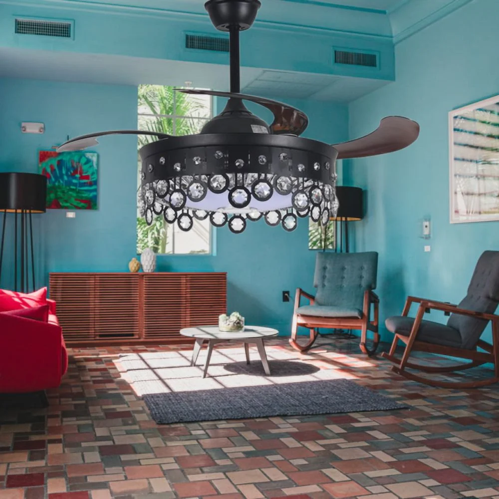 AFANQI 42" Black Modern Fandelier Ceiling Fan with Light Remote, Retractable Bluetooth Ceiling Fan with 7 Colors Silent Motor Crystal Chandelier