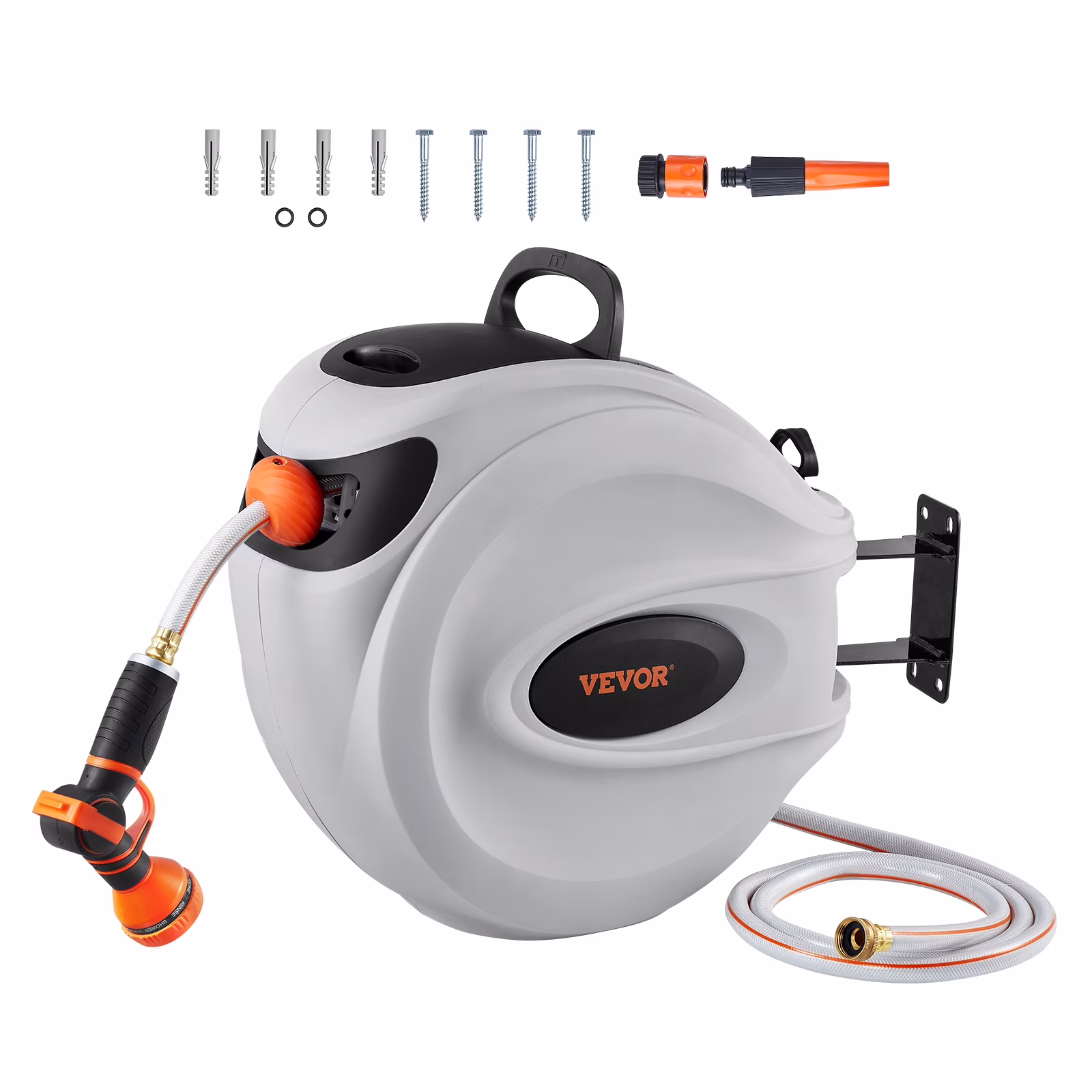 VEVOR Retractable Hose Reel, 100 Ft x 1/2 in, 180 Swivel Bracket Wall - Mounted, Garden Water Hose Reel with 9 - Pattern Nozzle, Automatic Rewind, Lock at Any Length, and Slow Return System