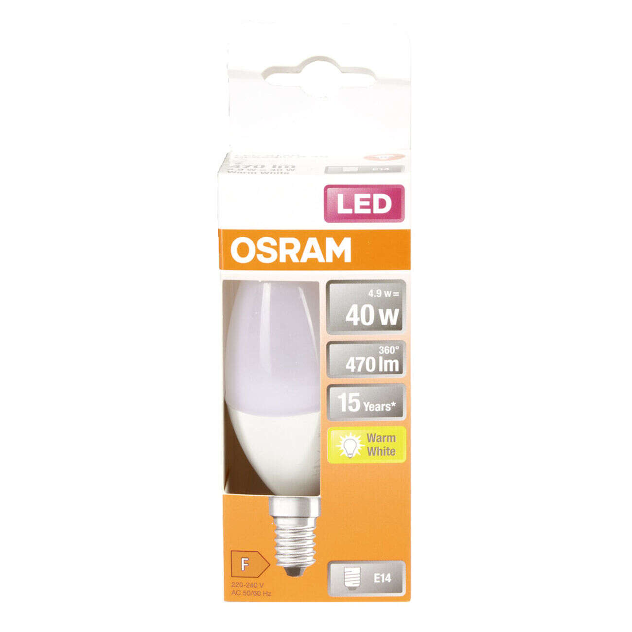 Ampoule LED E14 C35 blanc chaud Osram 4,9W=40W 470lms classe F