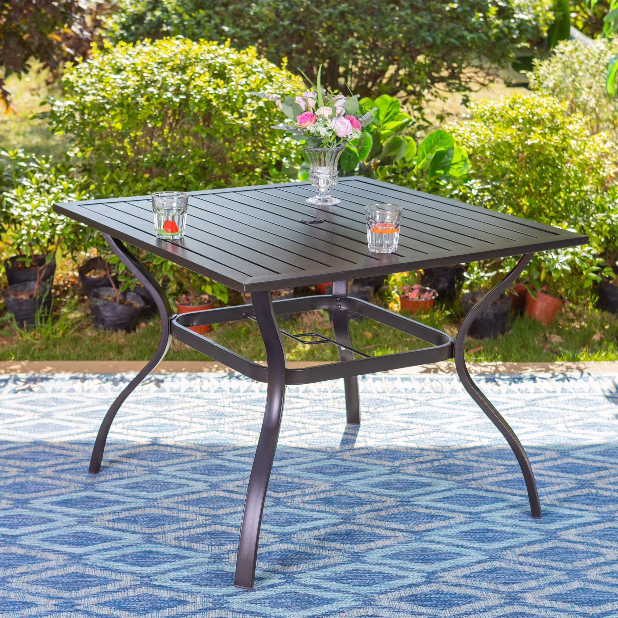 37" Outdoor Square Dining Table with Steel Frame for 4 Chairs(Square/Black Frame)