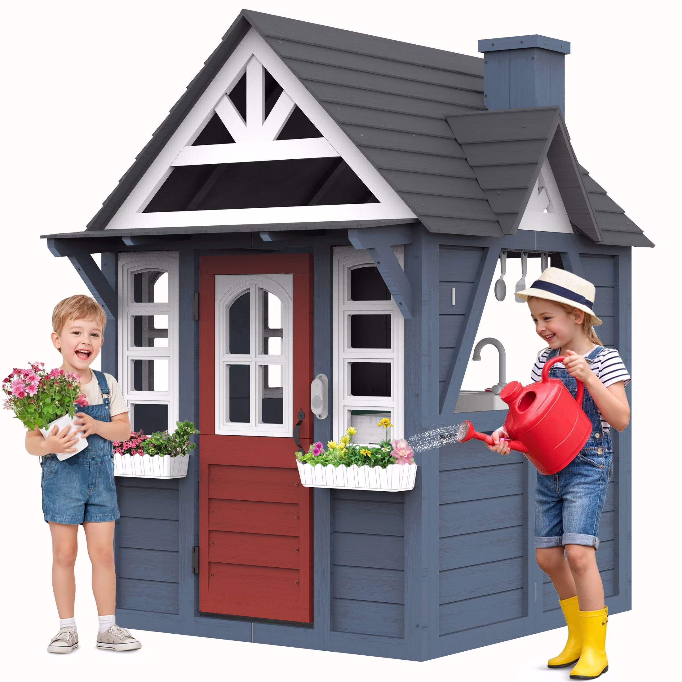 Outdoor Playhouse for Kids Ages 4-8, Wooden Play House with Doorbell, Phone, Kitchen Toys, Outdoor Kids Play Equipment, Casa Para Niñas (45”L x 65”H), White Black(Black+White) - Image 3