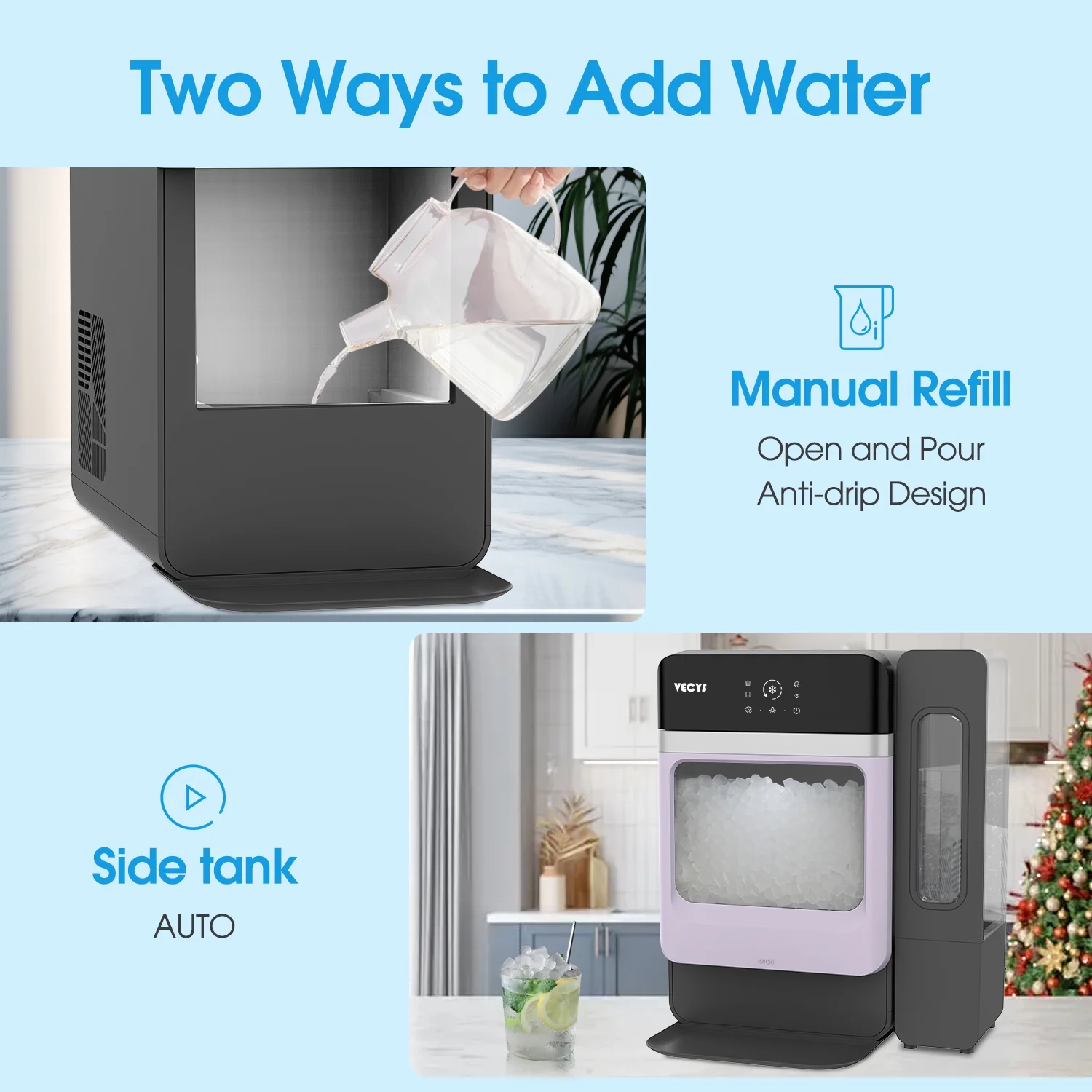 VECYS Nugget Ice Maker with Steel Trim, 33 lb/Day Self - Cleaning