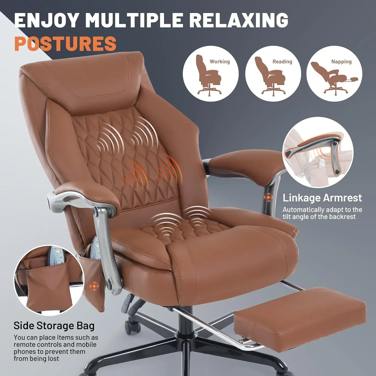 Fauteuil de bureau massant avec chauffage et repose-pieds, fauteuil de bureau ergonomique inclinable de direction