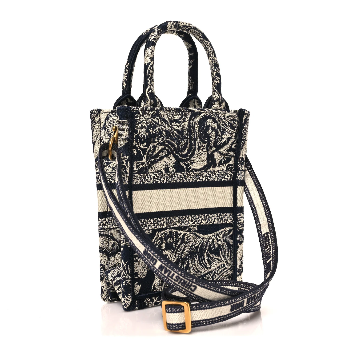Canvas Toile de Jouy Reverse Embroidered Mini Book Tote Phone Bag Blue