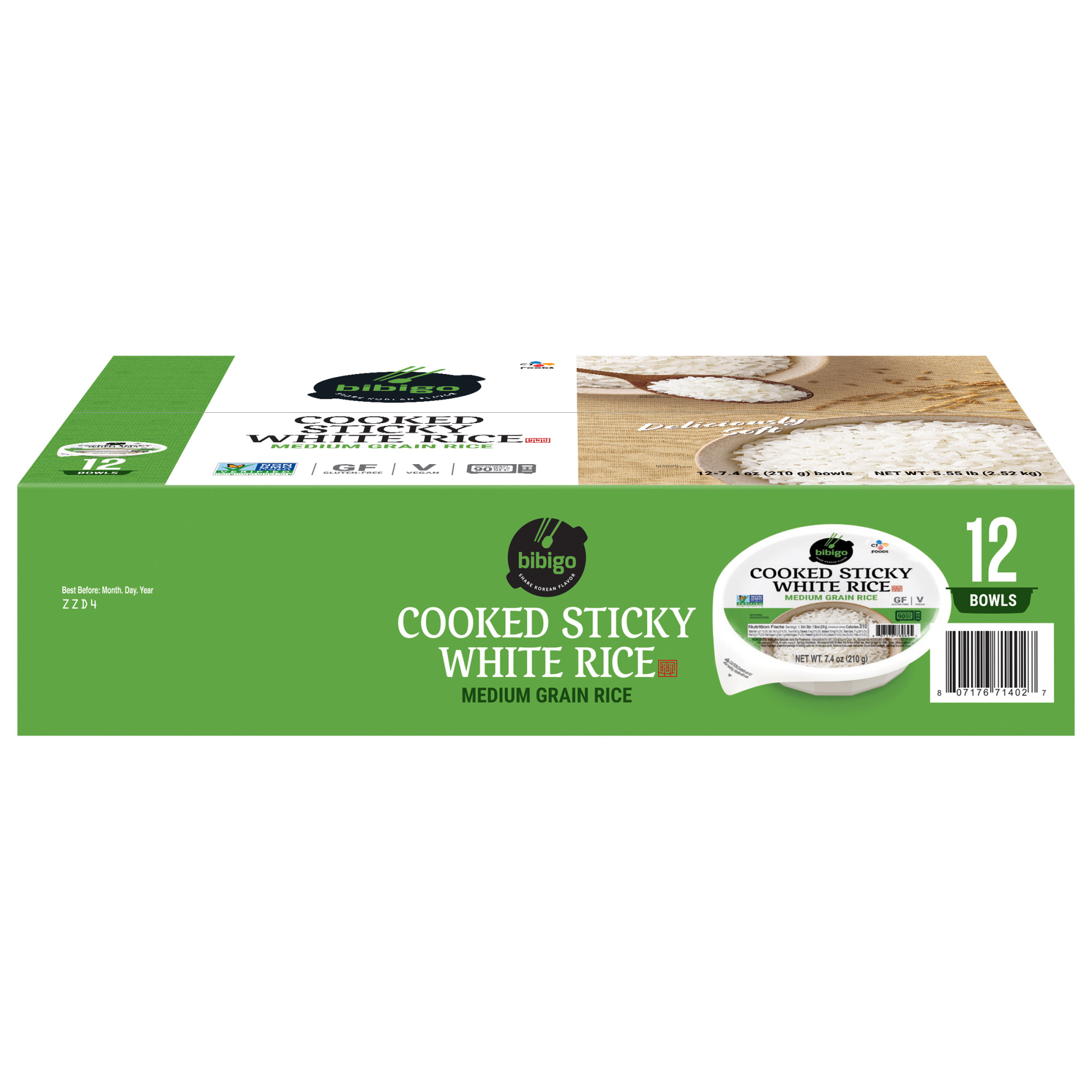 Bibigo, Cooked Sticky White Rice Bowls, Medium Grain, 7.4 oz, 12 - Count