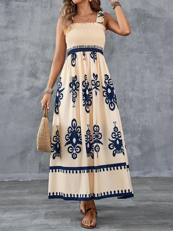 Robe Maxi Smockée à Imprimé Géométrique Artistique