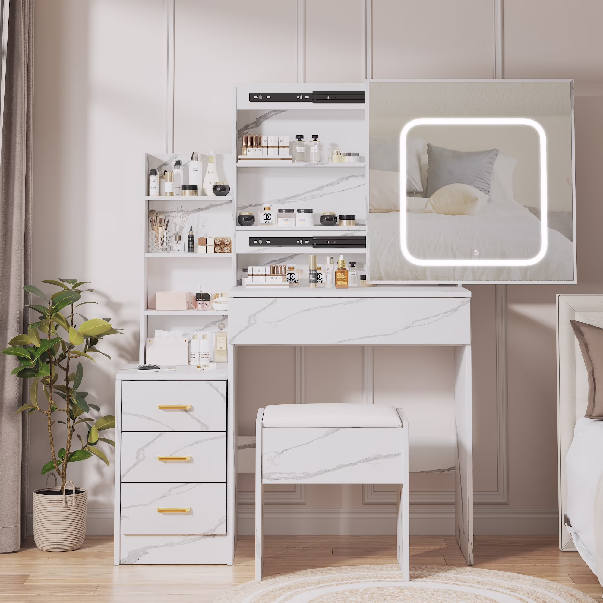 Vanity Desk with Sliding Mirror and Lights, Makeup Vanity Set with 4 Drawers, Stool, Power Outlet, Open Shelves, 3 Color Adjustable Lighting Modes, Makeup Dressing Table for Bedroom, White(White) - Image 7