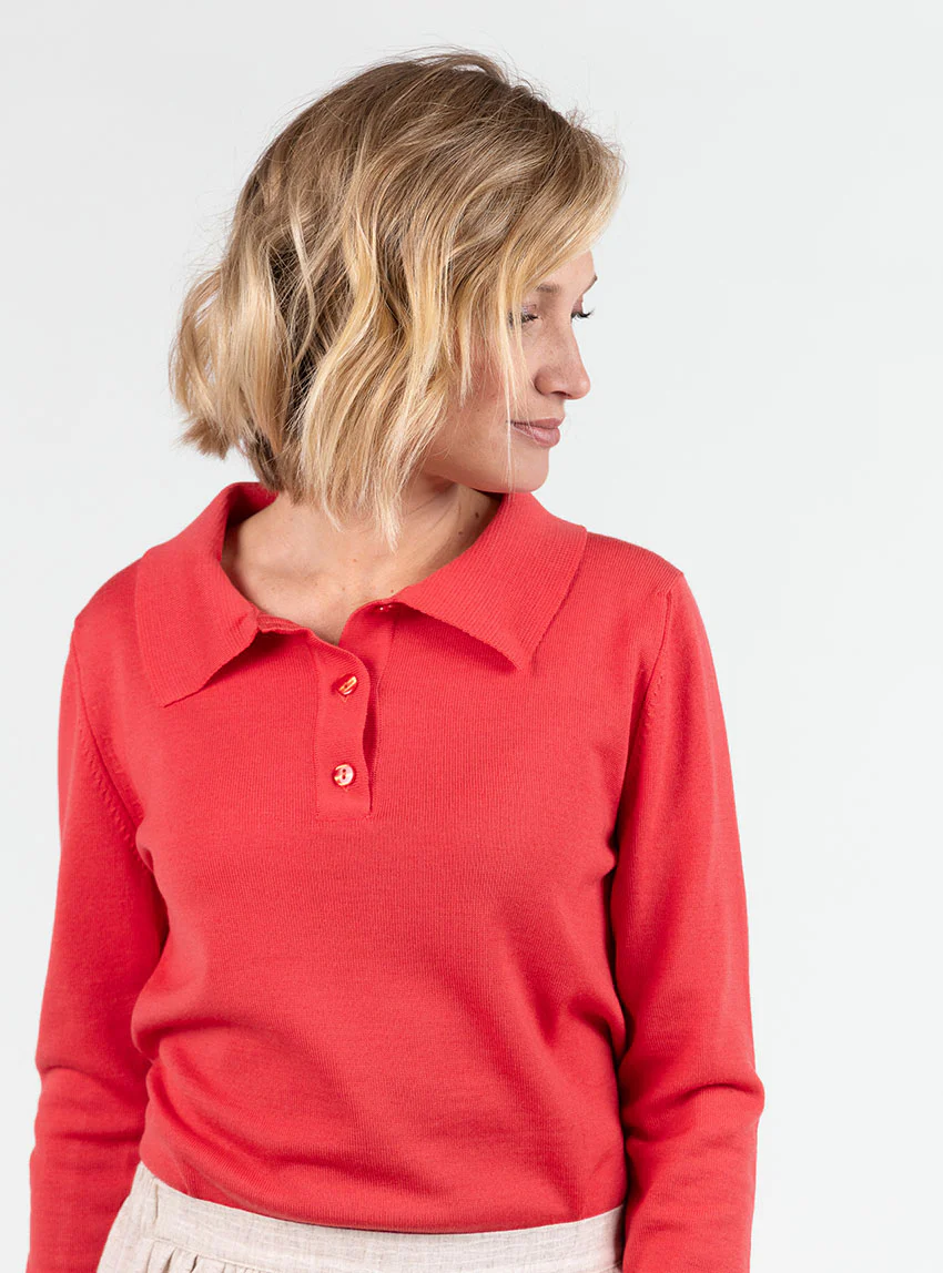 Pull femme col polo en laine rouge lumineux