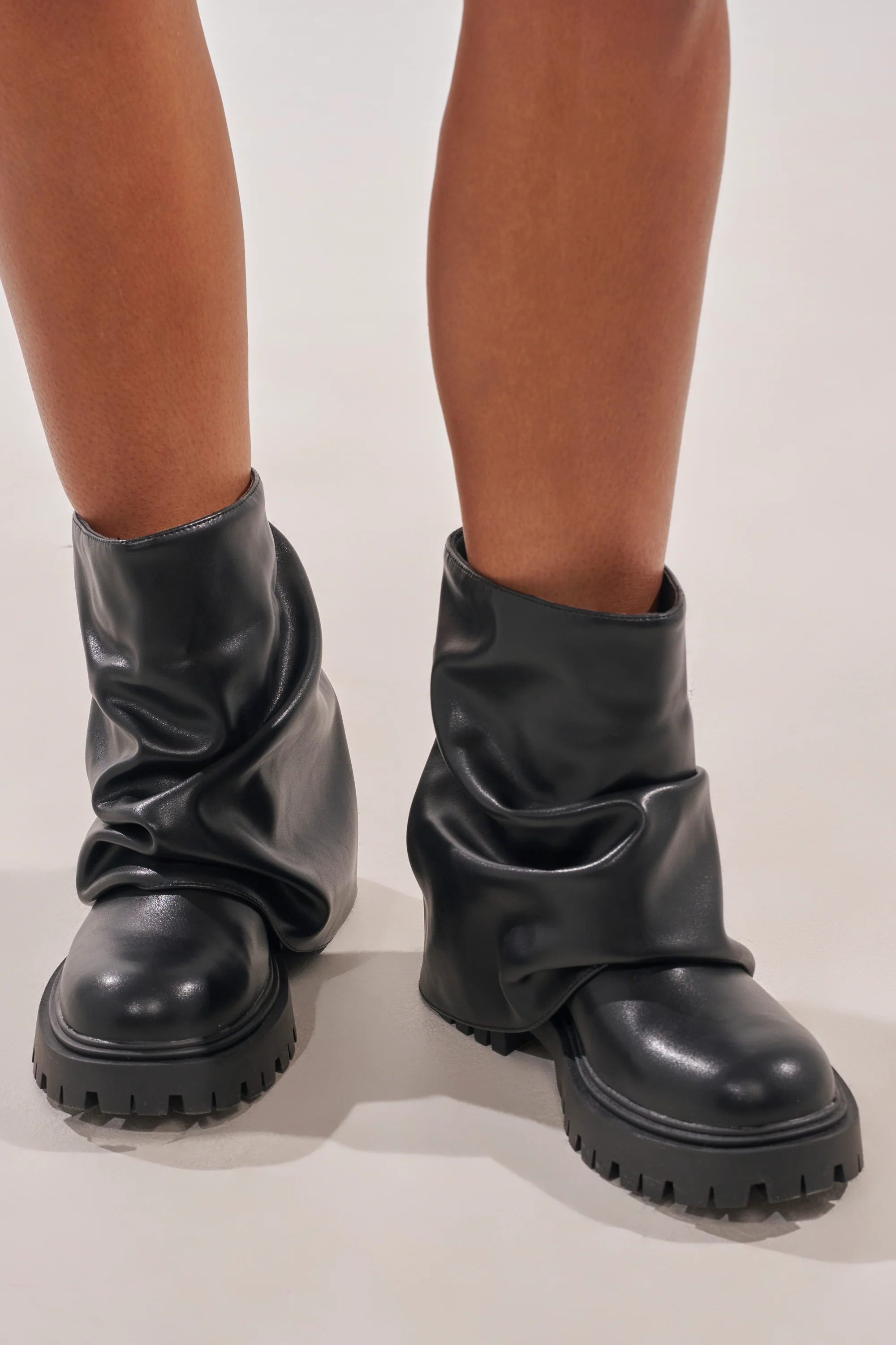 AZALEA WANG CLARKE BLACK PU SLOUCHY SHORT SHAFT COMBAT BOOTIE - Akira Store