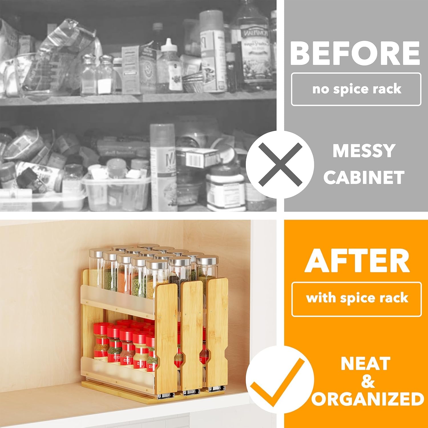 SpaceAid Bamboo Pull Out Spice Rack Organizer for Cabinet, Heavy Duty Slide Out Seasoning Kitchen Pantry Sliding Vertical Organization, 7.6