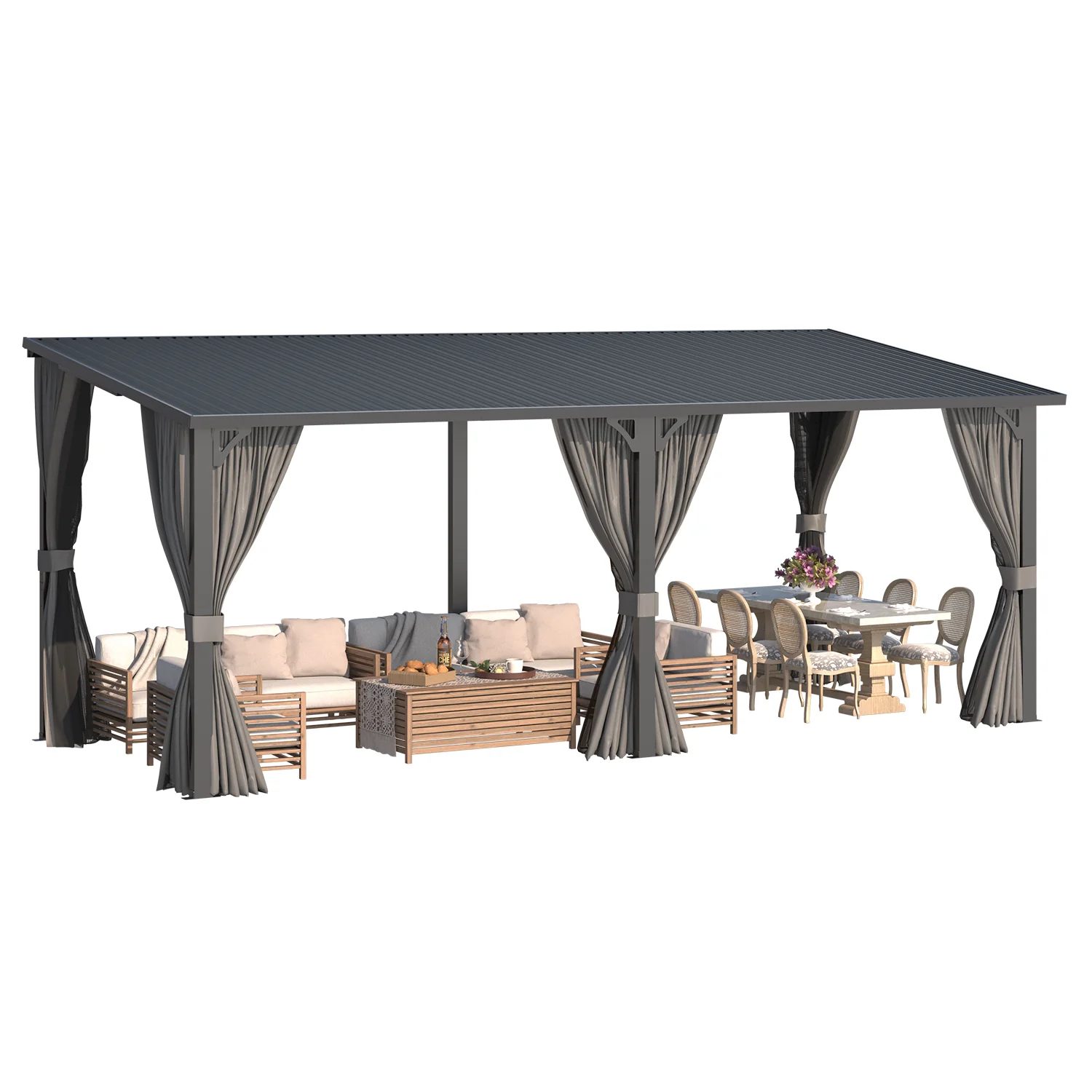AECOJOY 20'x8' Outdoor Hardtop Metal Gazebo with Curtain and Netting
