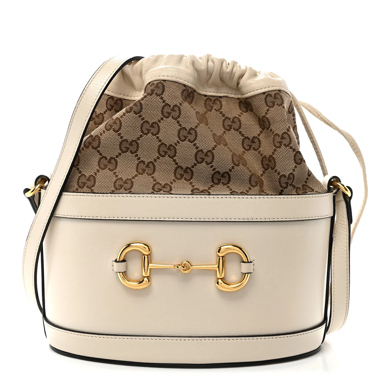 Monogram Textured Calfskin Horsebit 1955 Drawstring Bucket Bag Beige Mystic White