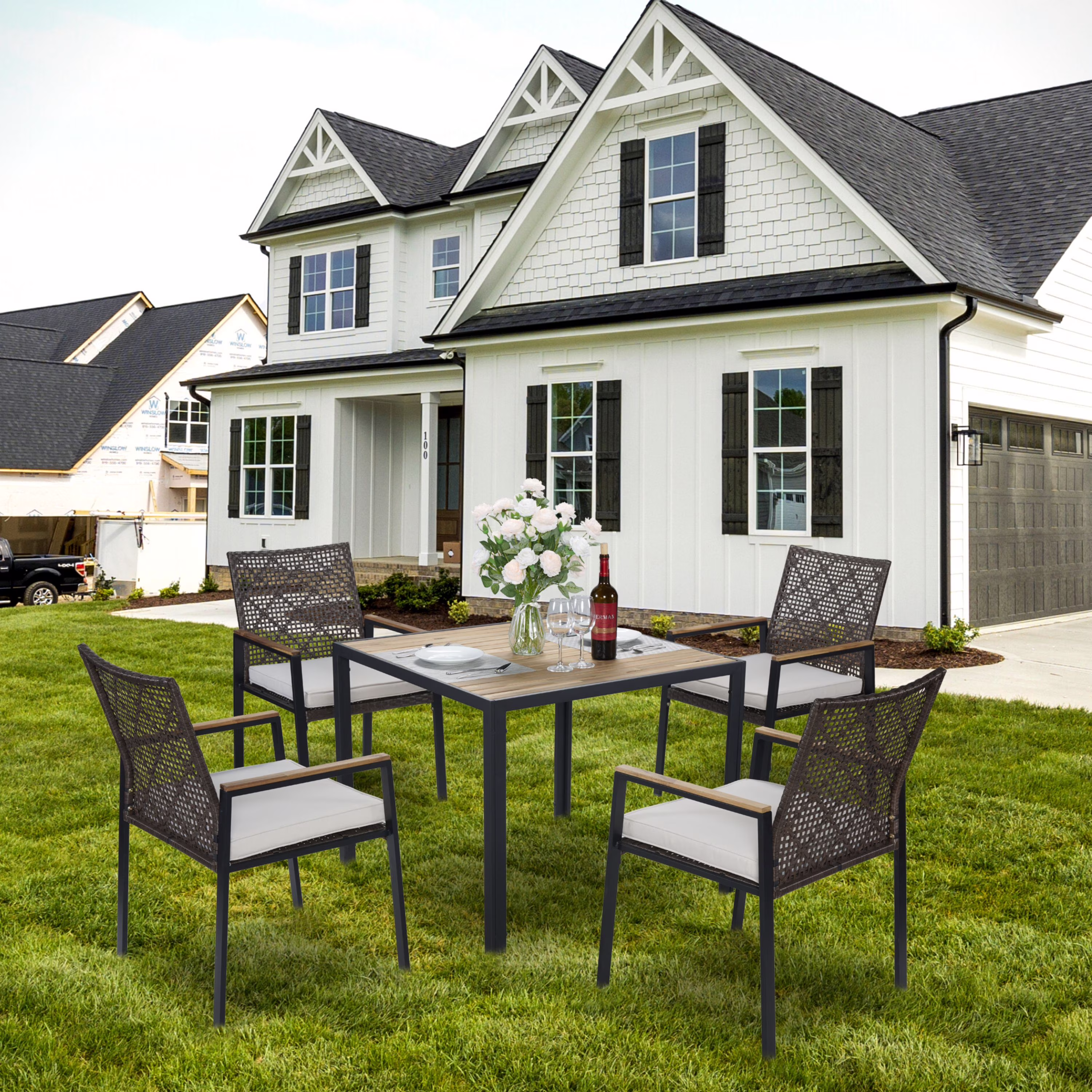 Enyopro 5 Piece Outdoor Patio Dining Table Set, Rattan Wicker Chairs & Acacia Wood Table with Umbrella Hole, All Weather Garden Furniture Conversation Set for Porch, Balcony, Backyard, Lawn