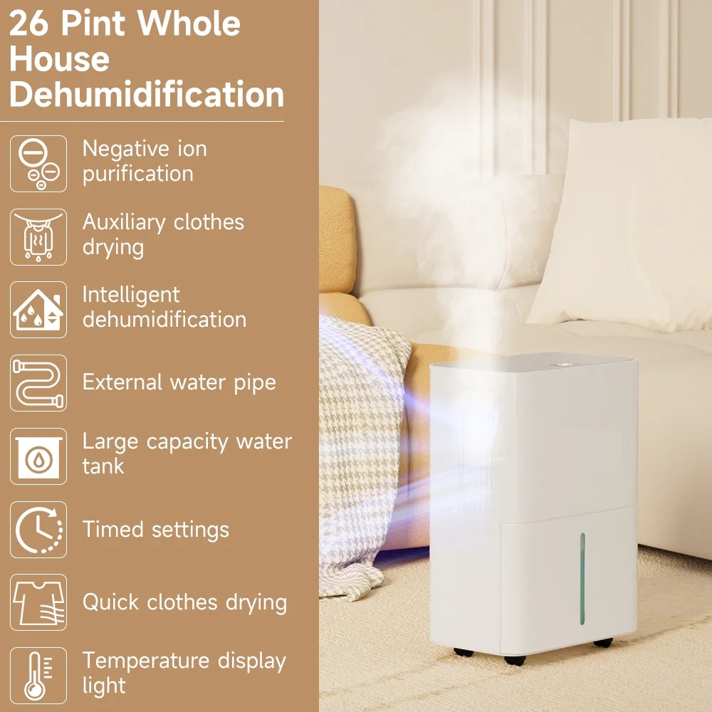 Dehumidifiers for Home, 2500 Sq.Ft with Drain Hose Max 26 Pints, Dehumidifier for Basement, Bathroom, Bedroom, Three Modes, Intelligent Humidity Control, Dry Clothes, 24HR Timer - Image 6