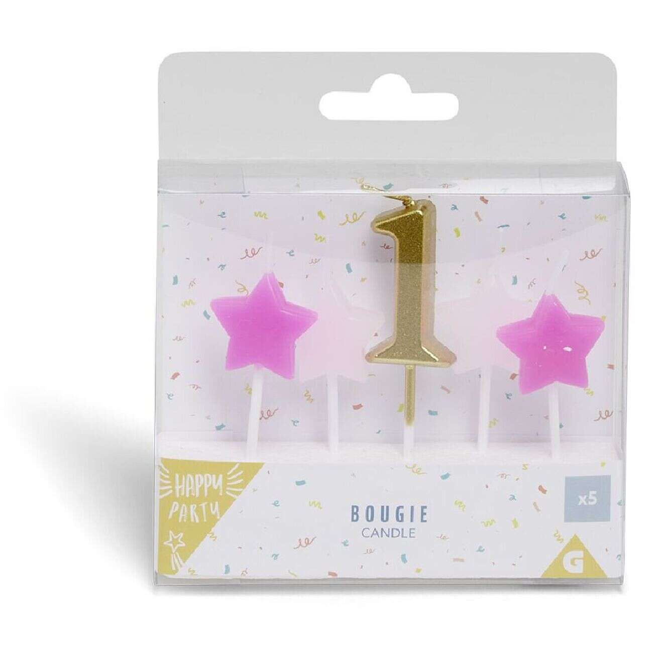 Bougie anniversaire chiffre 1 doré avec bougies étoiles roses