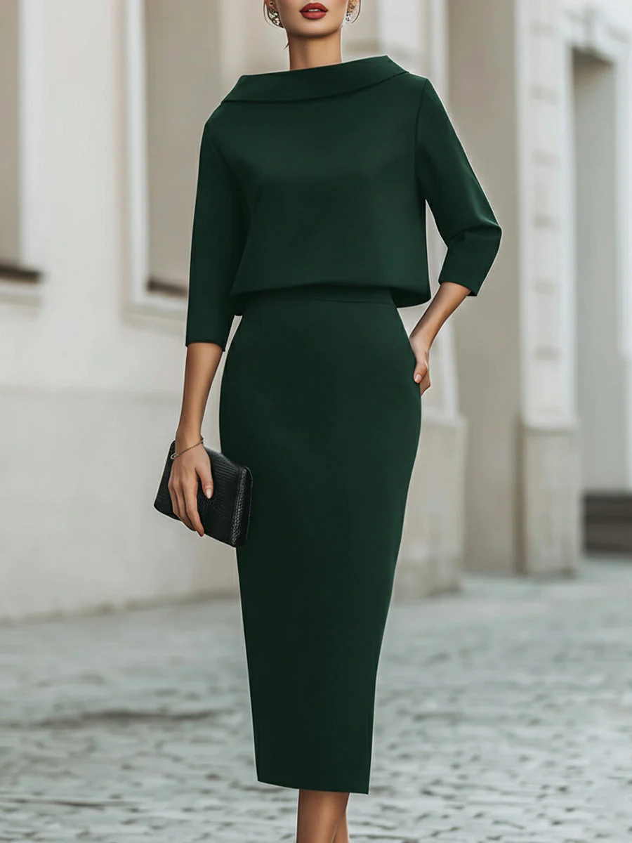 Ensemble Haut Col Bateau et Jupe Midi pour Femme