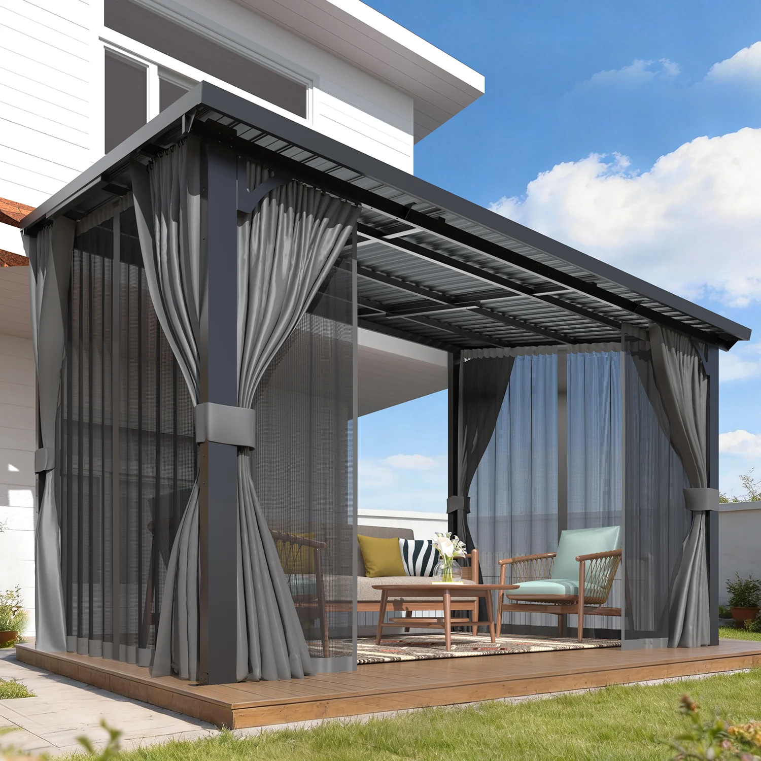 AECOJOY 12'x8' Outdoor Hardtop Metal Gazebo with Curtain and Netting