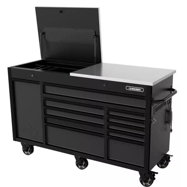 Établi mobile robuste de 160 cm de large avec 11 tiroirs profonds, coffre à outils, finition noir mat et plateau rabattable en acier inoxydable.