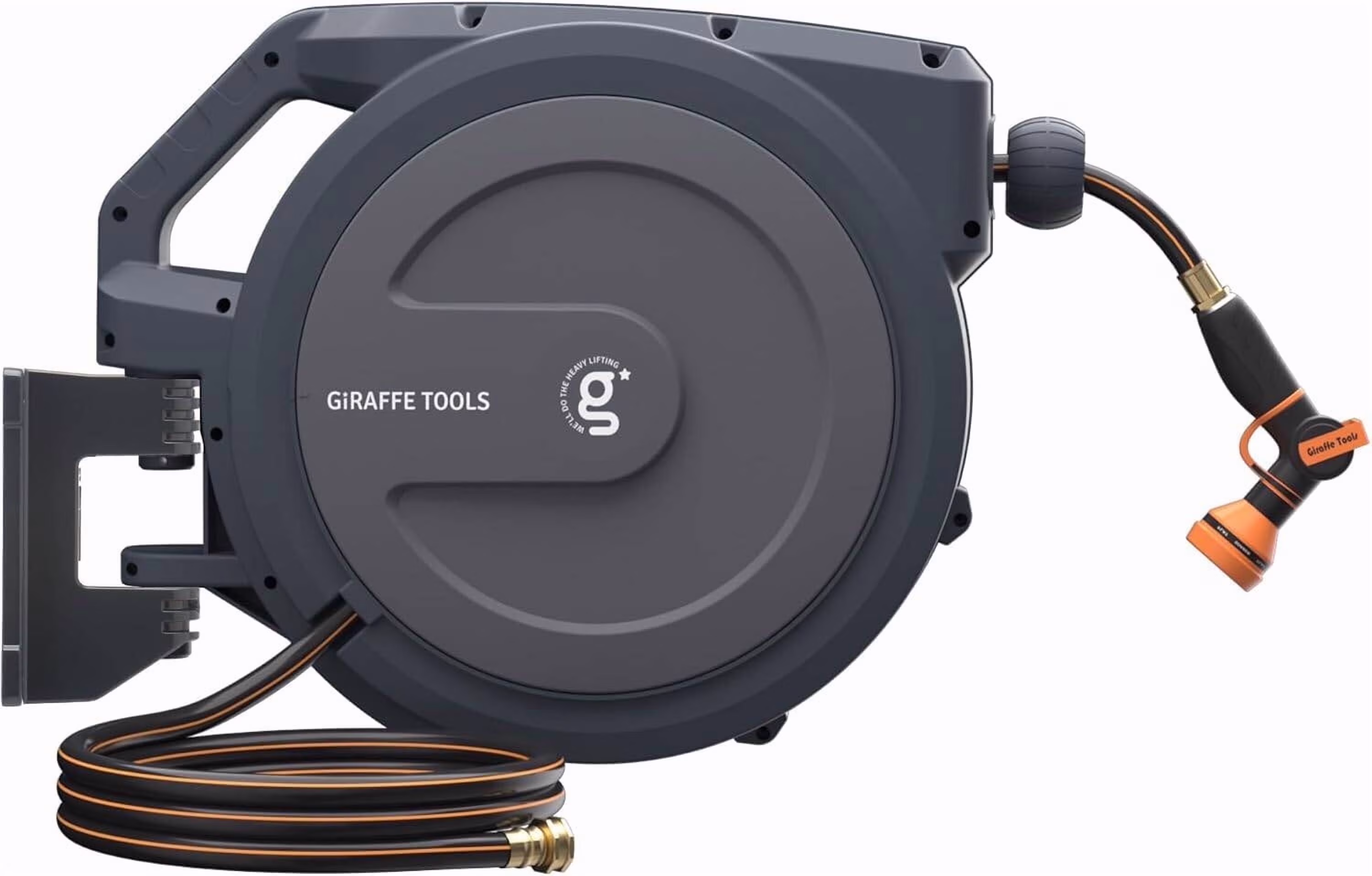 Giraffe Tools Retractable Garden Hose Reel with 1/2in-78ft Hose, Metal Bracket, Wall Mounted, Dark Grey