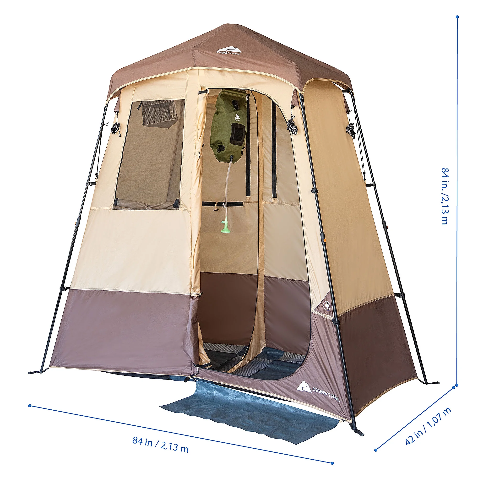Ozark Trail 2 - Room Shower & Utility Tent Combo Includes 5 - Gallon Water Container, Easy Setup, Maximum Occupancy Is 2. Khaki Colour