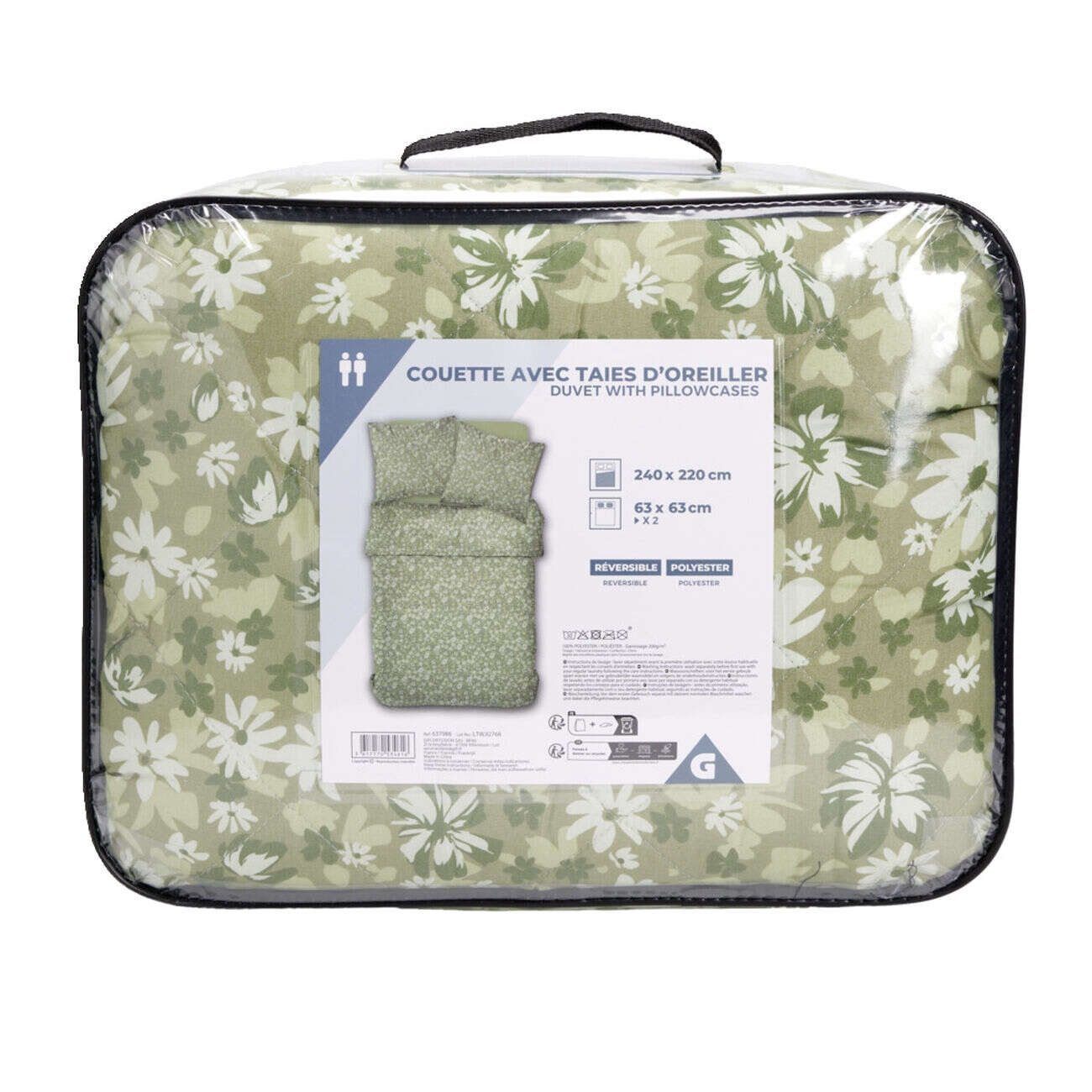 Couette 2 personnes 240x220cm avec 2 taies d'oreiller polyester motif floral vert