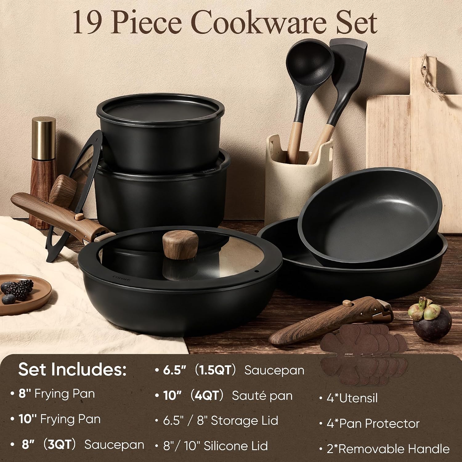 CAROTE 19pcs Pots and Pans Set Non Stick, Detachable Handle Cookware, Black