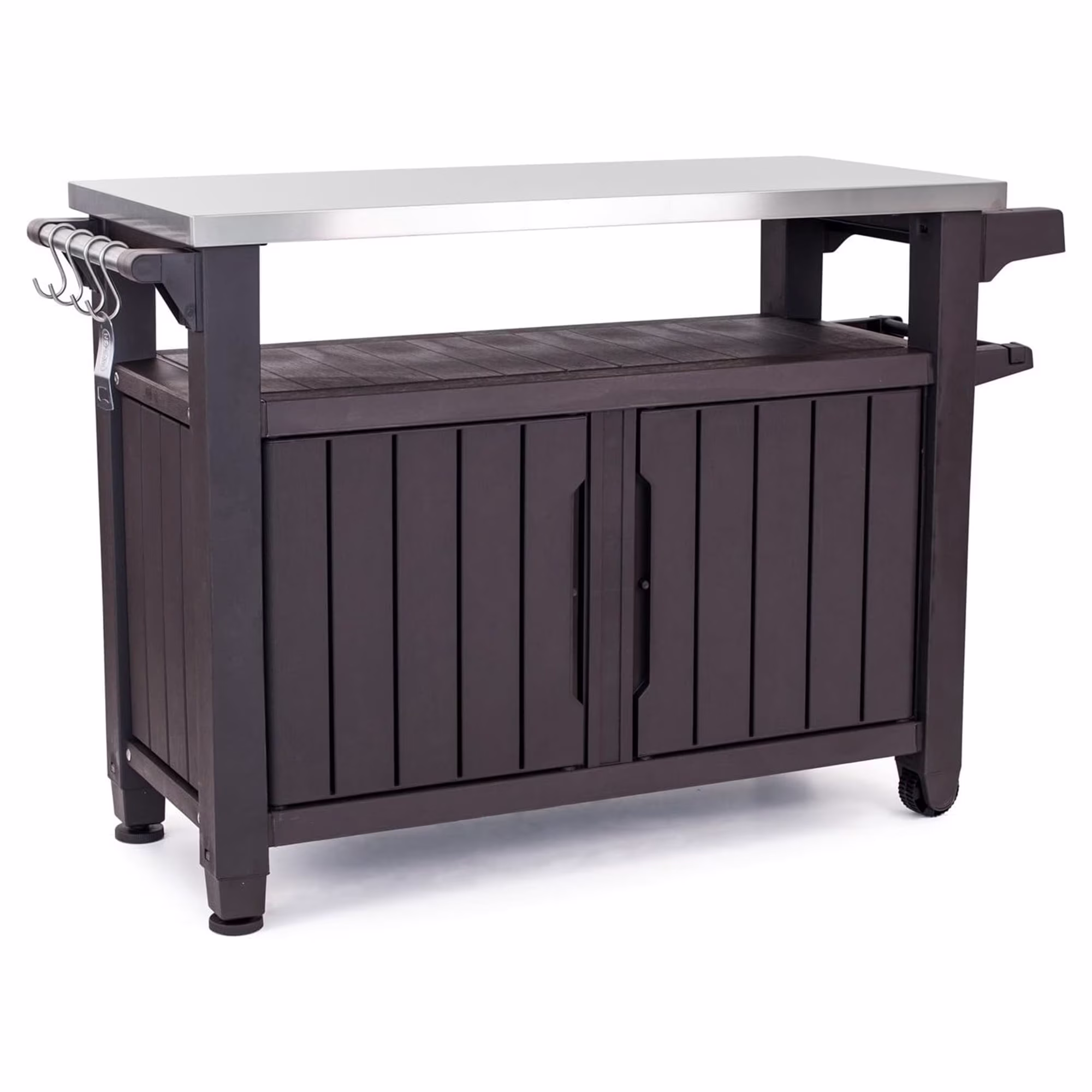 Unity XL Outdoor Durable Kitchen Rolling Bar Cart with Storage Cabinet, Brown