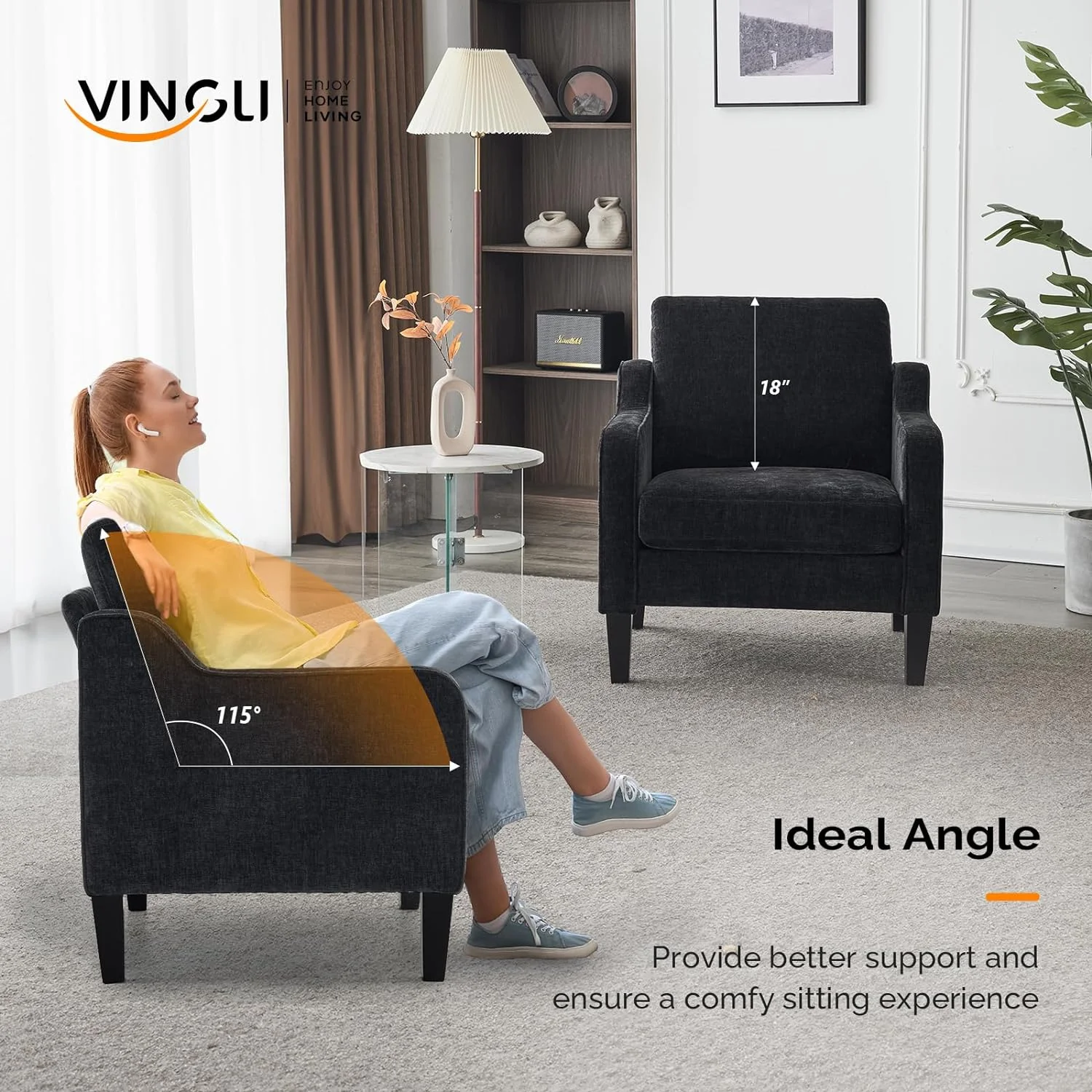 VINGLI Mid Century Modern Chenille Comfy Armchair, Creamy White