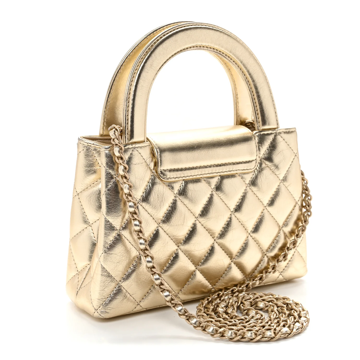 Metallic Shiny Aged Calfskin Quilted Nano Kelly Shopper Gold