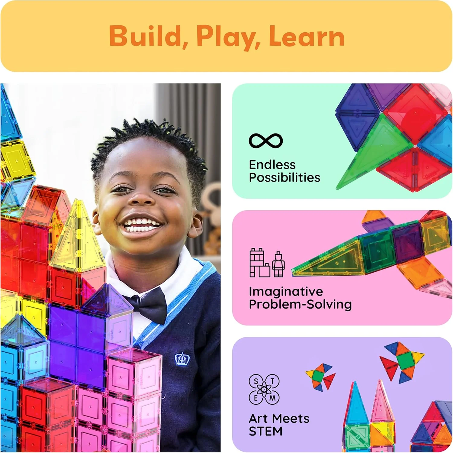 100 Piece Clear Magnetic 3D Building Tiles Set - Educational Construction Playboards