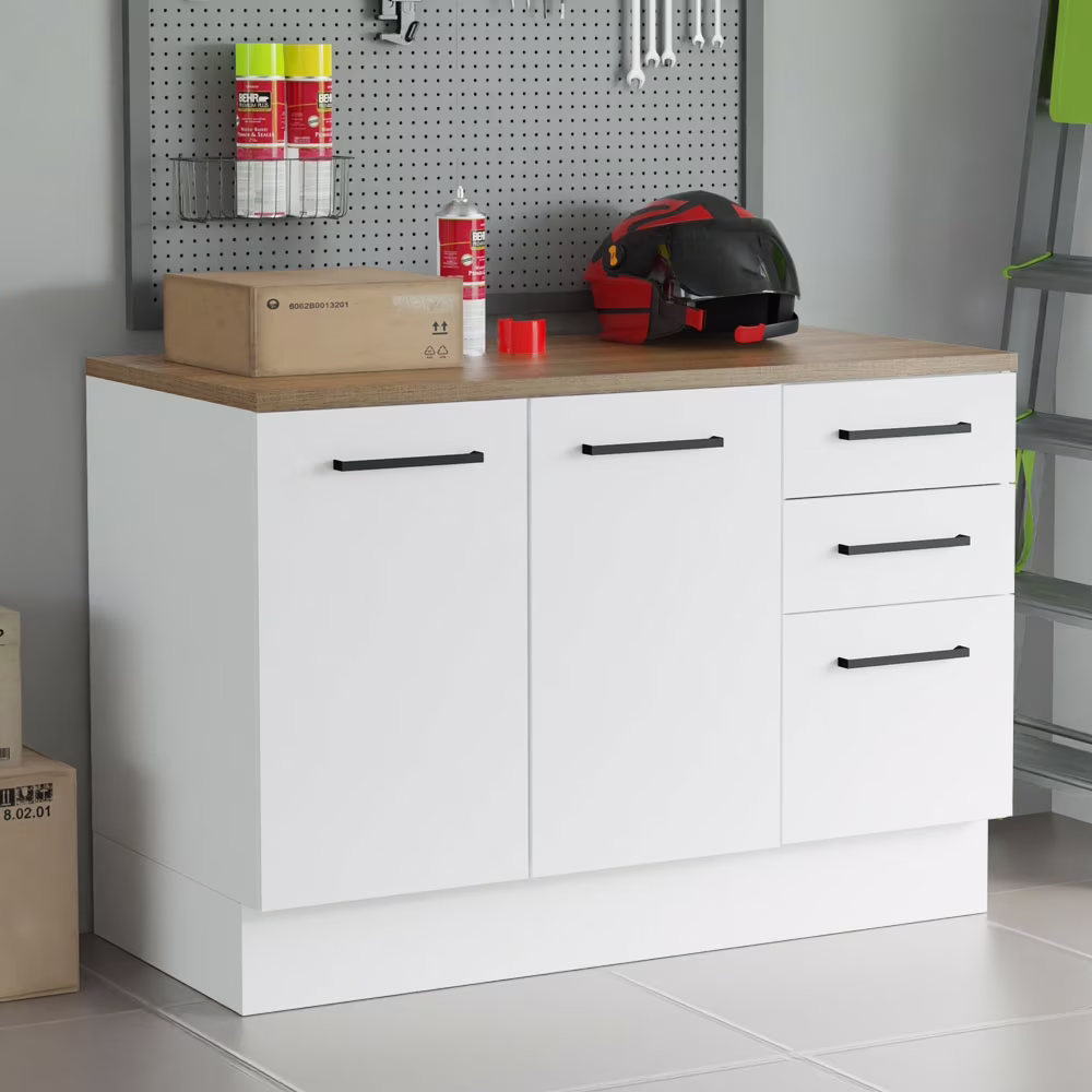Madesa Garage and Utility Room Base Storage Cabinet with 2 Doors and 3 Drawers Storage Shelves 47 in Wooden Organization Unit - White