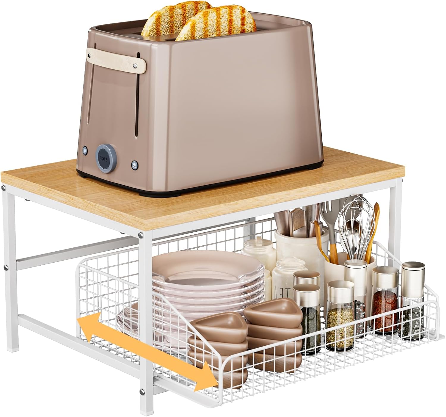 KLM Pull Out Spice Rack Organizer for Cabinet, Rustic Wood Top with Wire Basket Storage, Kitchen Countertop Organizer and Storage for Pantry, Counter Top, Coffee Station WoodNatural