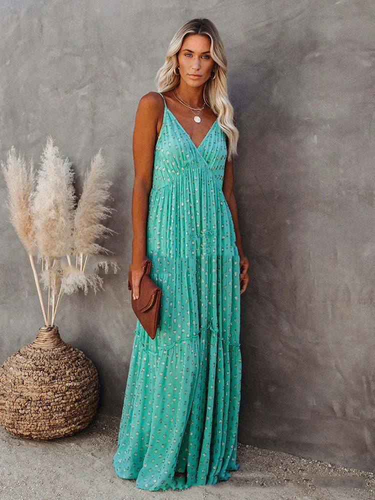 Robe Maxi d'Été Verte Style Bohème Chic