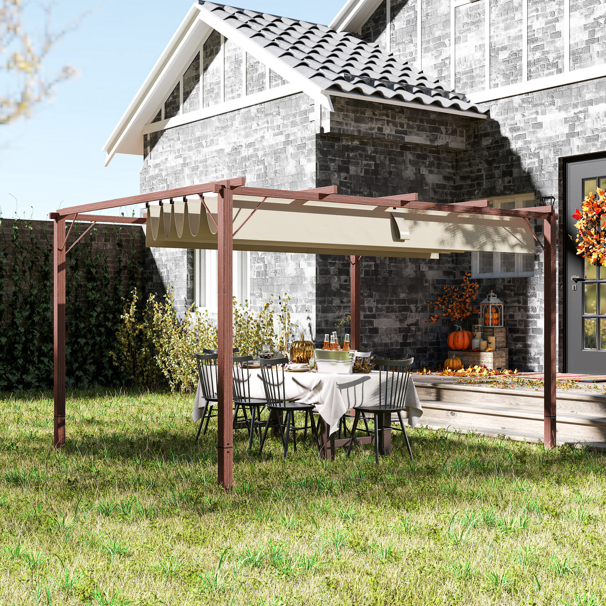 Outsunny 3 x 4 m Tuin-Pergola, Verstelbaar Terrasoverkapping, Aluminium Frame, UPF30+ Zonbescherming, Natuurhout