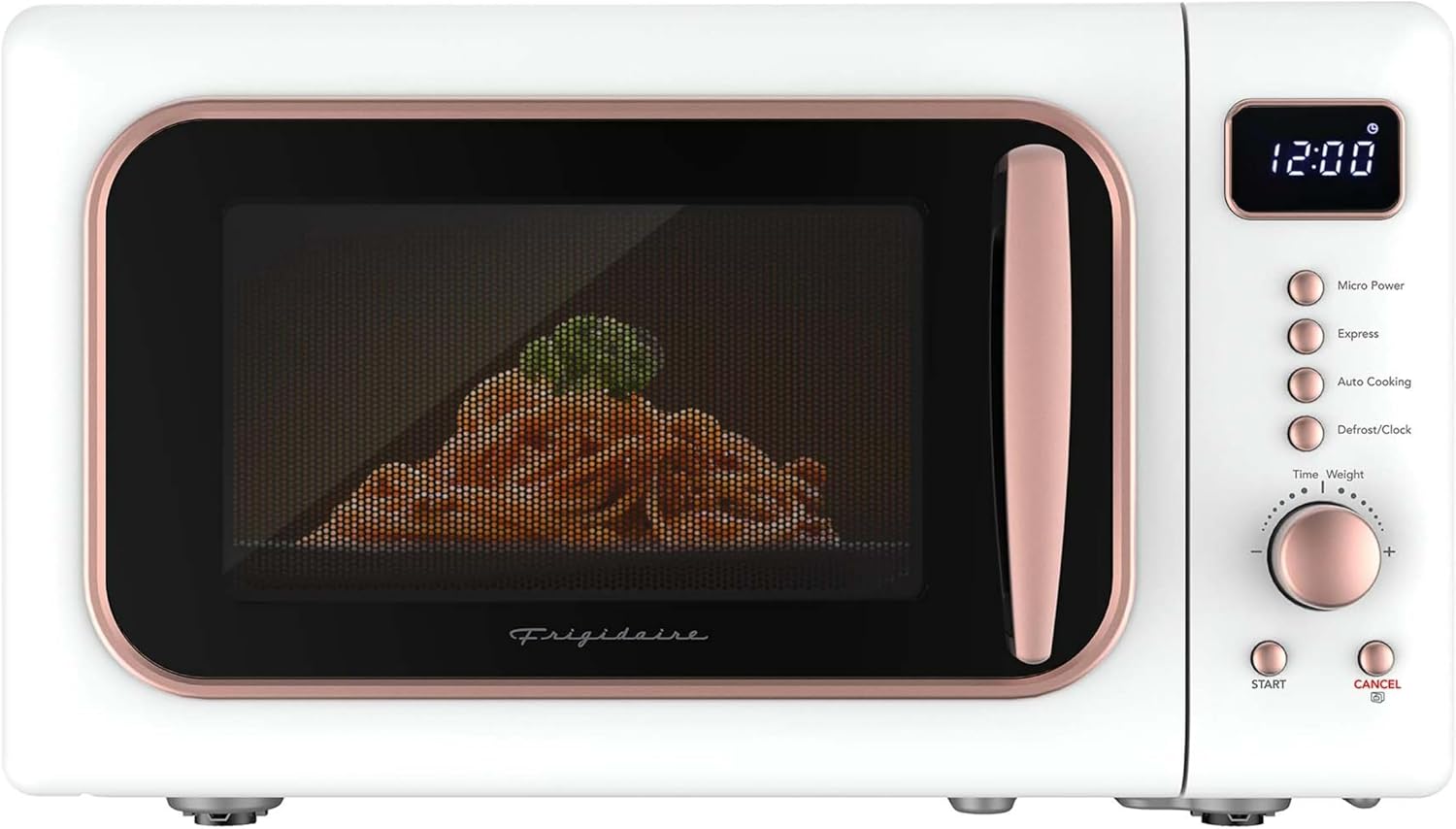 Frigidaire, 0.7 CuFt. Retro Countertop Microwave Oven, 700W Compact Microwave with 8 Auto Cook Menus, Auto Defrost, 5 Power Levels, LED Display, Glass Turntable, Black Gold