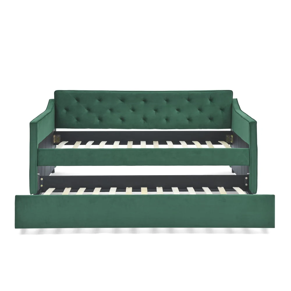 Twin Size Daybed with Trundle, Modern Button Tufted Linen Upholstered Sofa Day Bed Frame with A Roll Out Trundle, Bedframe Furniture for Bedroom Living Room Guest Room,Green Image 7