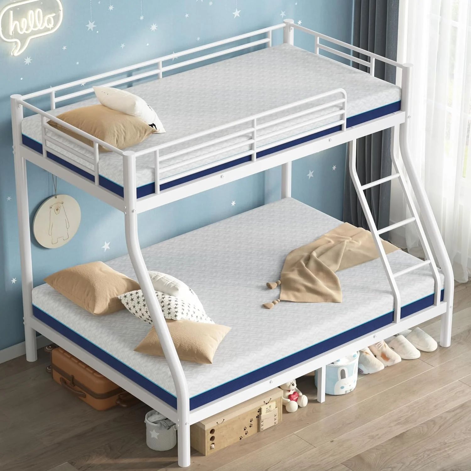 Lits superposés Cyranture, lits superposés robustes pour lits simples et doubles, avec barrière de sécurité et cadre en métal.