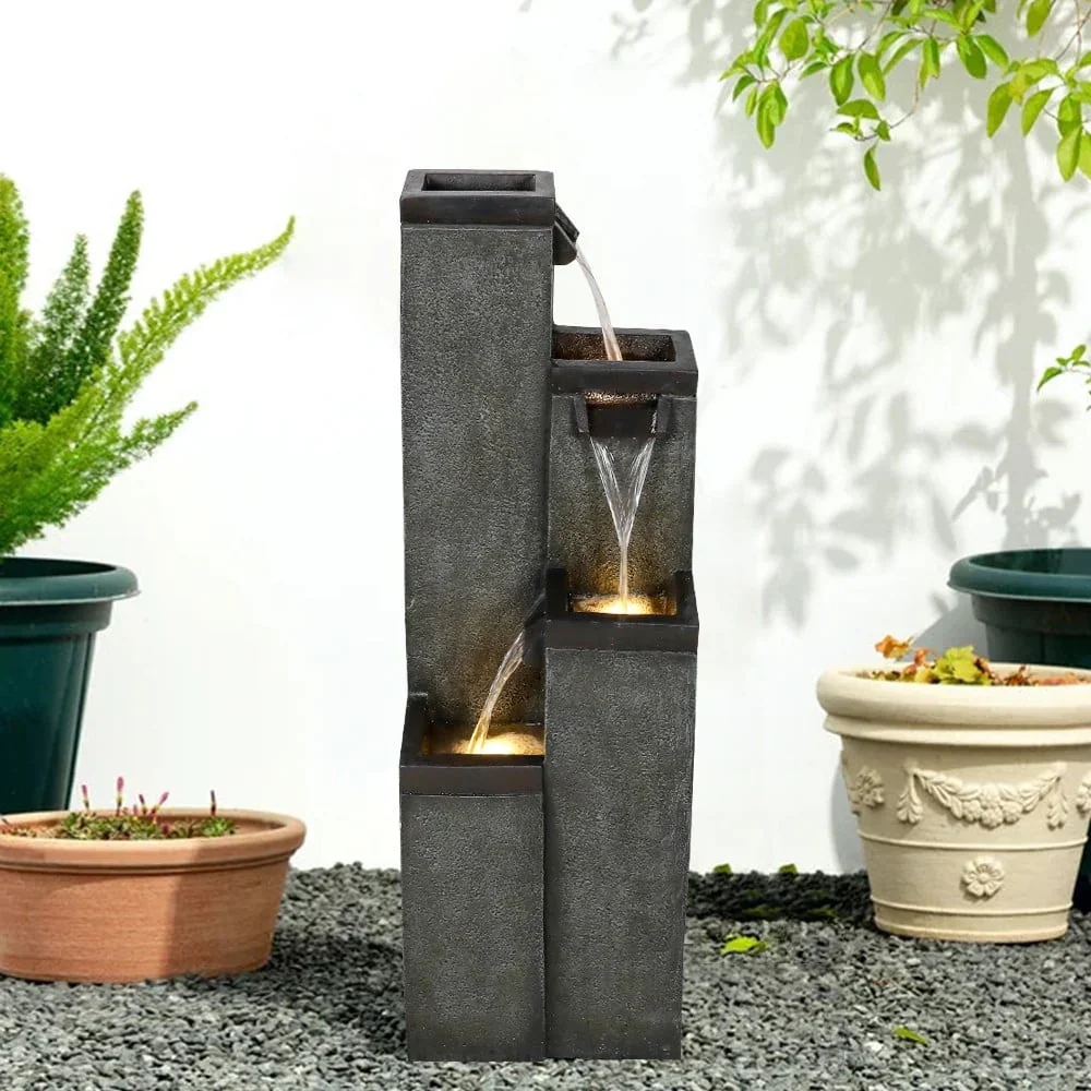 39.3�?High Water Fountain with LED Lights - Indoor/Outdoor Modern Floor-Standing Waterfall Fountain for Home and Garden Decor