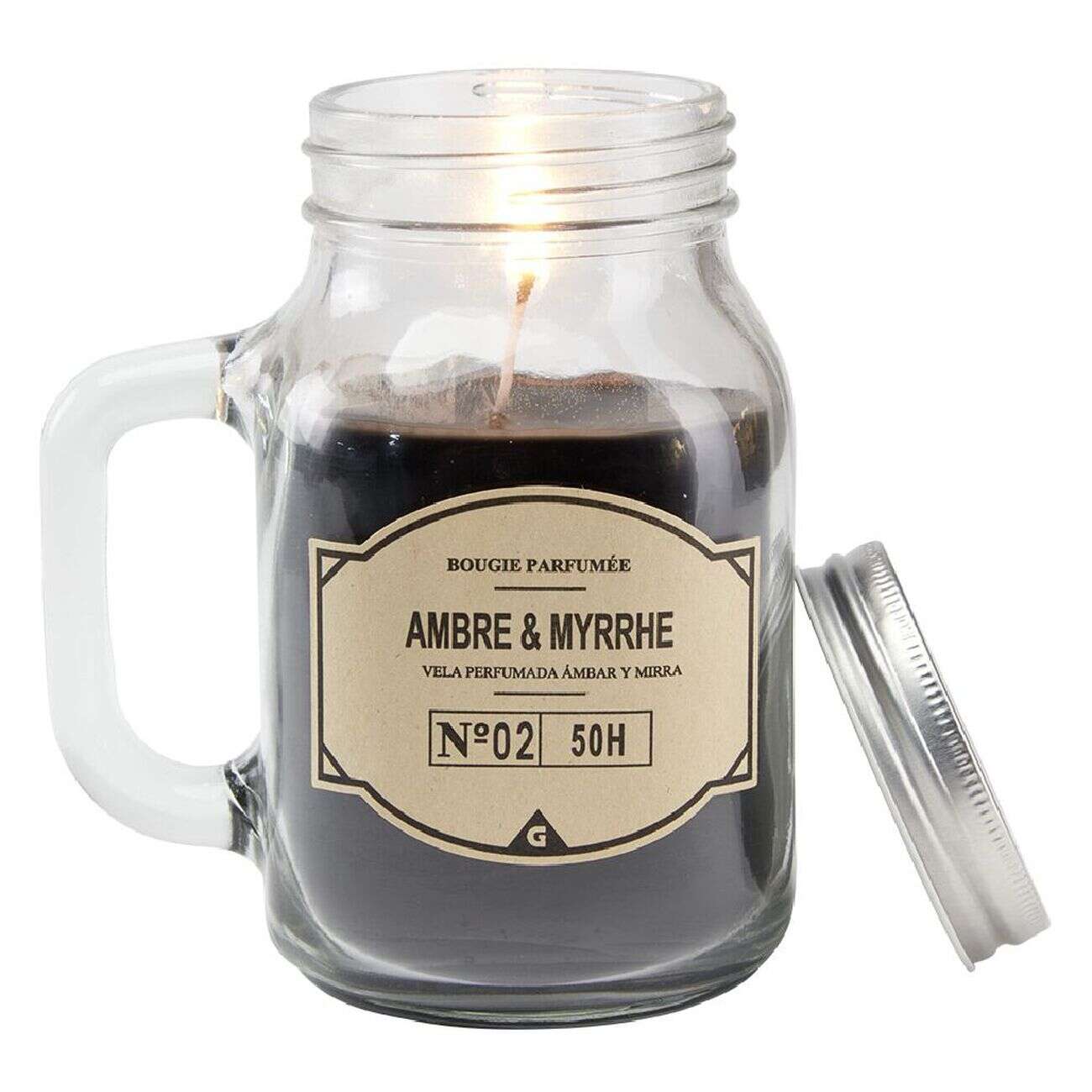 Bougie noire dans mug en verre avec couvercle - Senteur myrrhe ambre