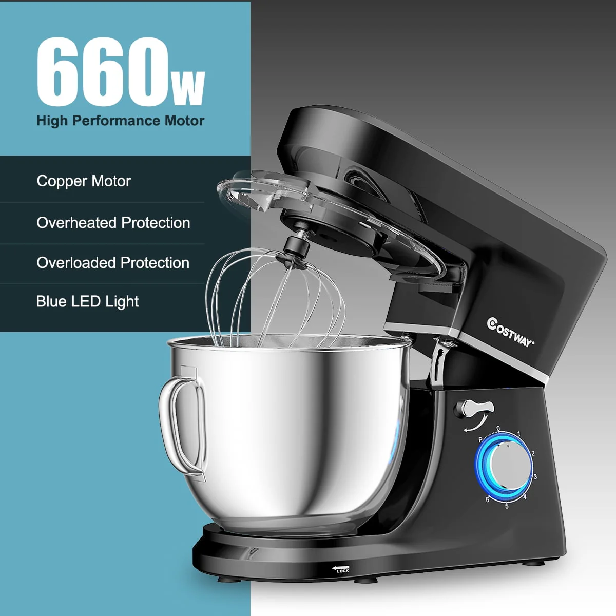 Costway Tilt - Head Stand Mixer 7.5 Qt 6 Speed 660W with Dough Hook, Whisk & Beater Black