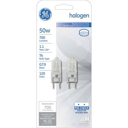 GE Halogen 50-Watt T4 Light Bulbs, G8 2 Pin Base, 1-Year Life, 2pk