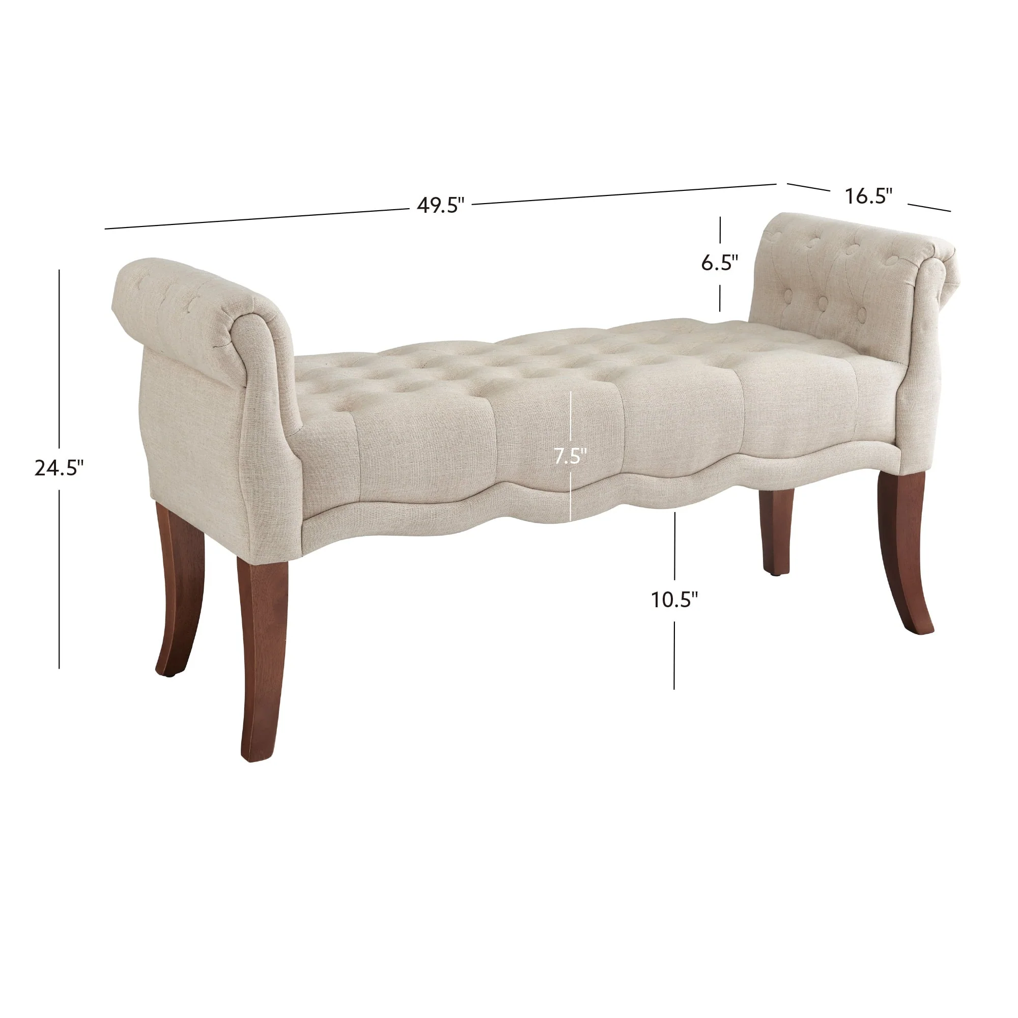 Menlo Rolled Arm Button Tufted Bench, Dark Walnut Finish with Natural Fabric(Dark Espress) Image 10