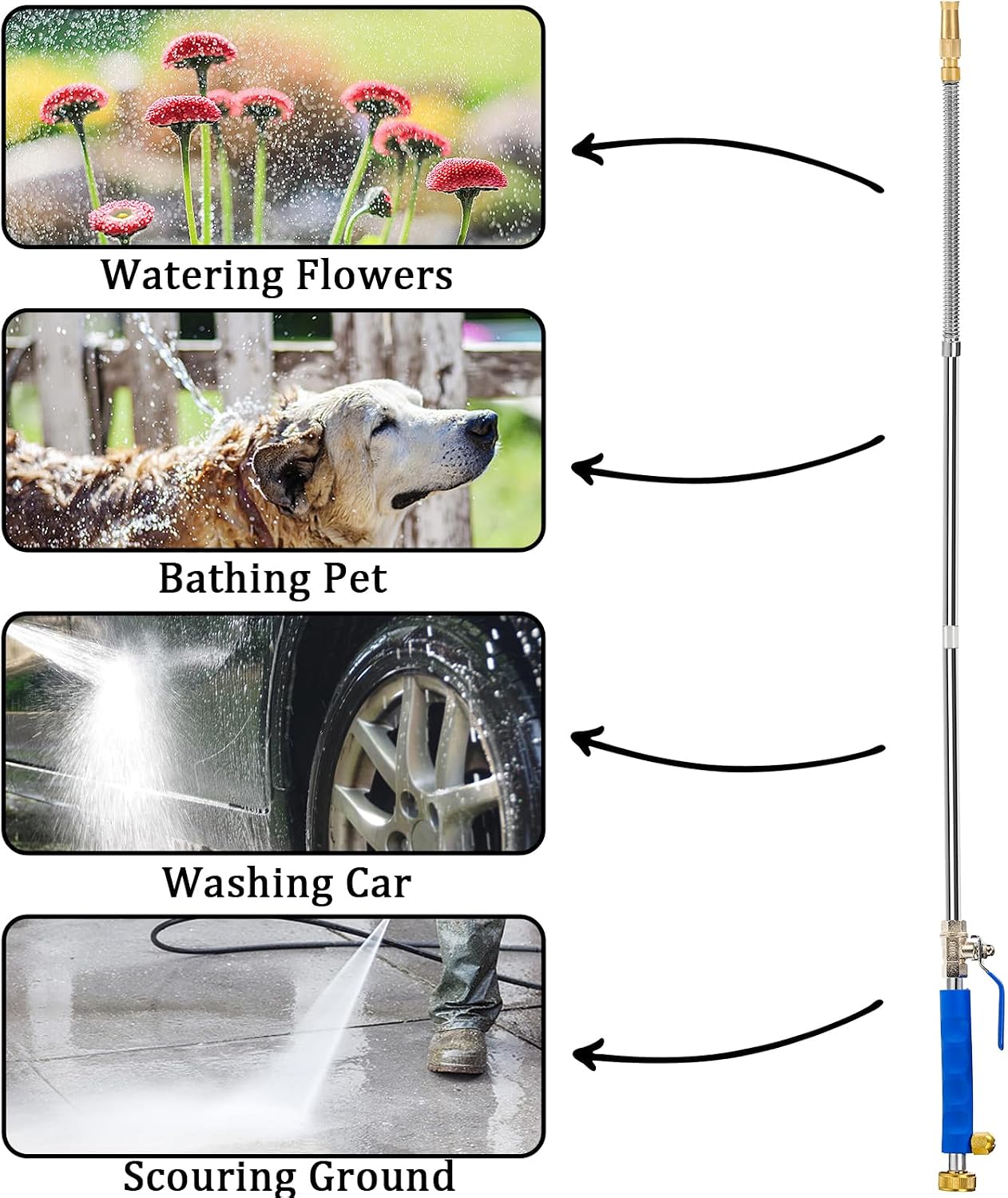 Hbaushun High Pressure Power Washer Wand, Hydro Jet Water Wand Pressure Sprayer, Flexible Garden Watering with 3 Nozzle Universal Hose End, for Car Pet Window Patio Gutter Cleaning Blue