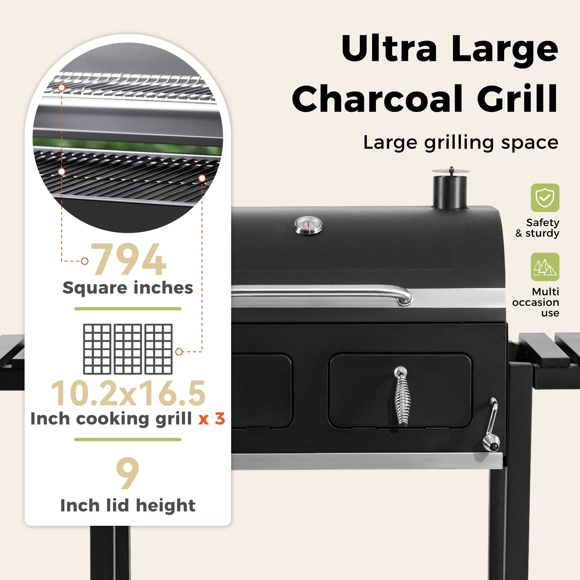 Extra Large Charcoal BBQ Grill with 794 Sq. In. Cooking Area, Dual Lifting Charcoal Trays & Foldable Side Tables