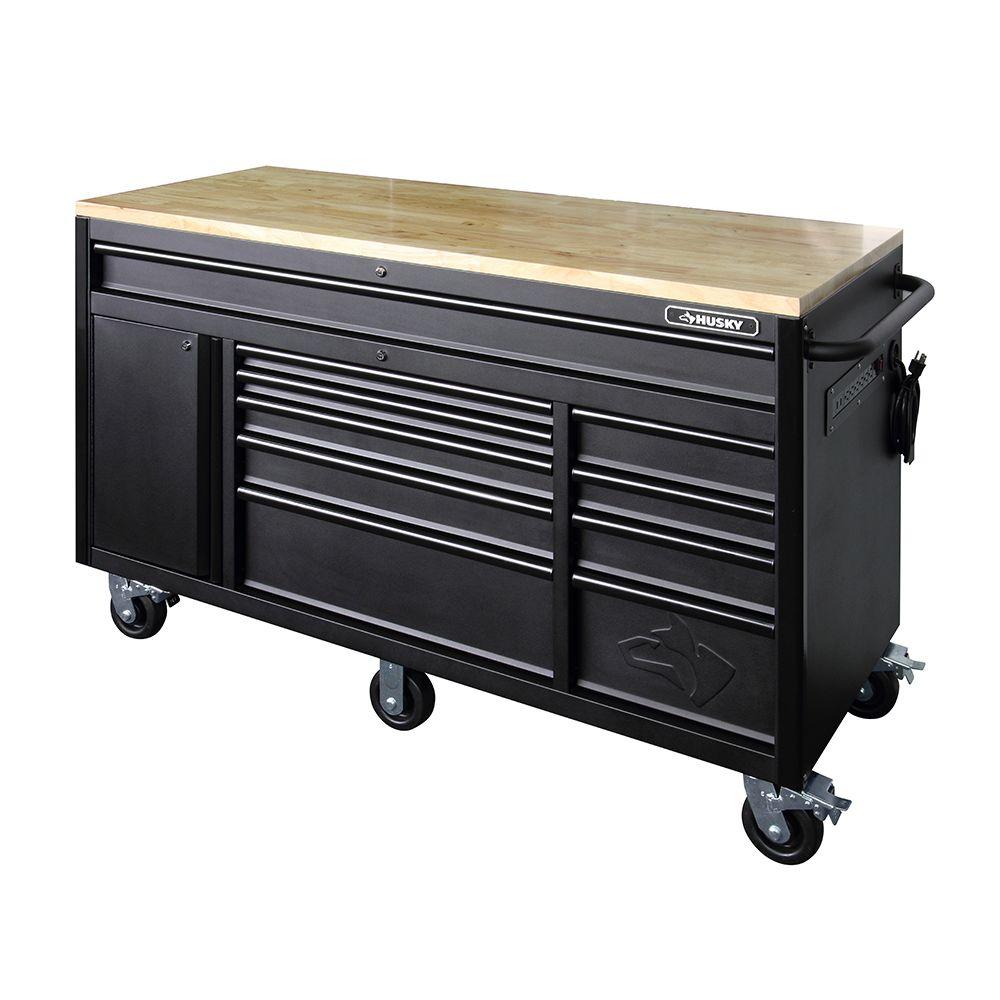 Établi mobile robuste avec coffre à outils à 10 tiroirs profonds, 152 cm de large, noir mat